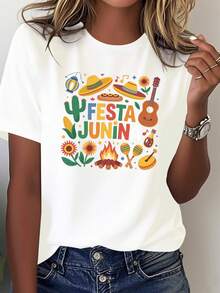 Women's T-Shirt With Mexican Hat Design For The June Bonfire Festival, Comfortable Pure Cotton T-Shirt For Women - 白色 - 查看 1