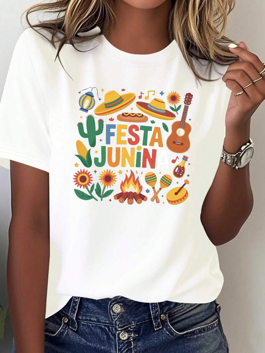 Women's T-Shirt With Mexican Hat Design For The June Bonfire Festival, Comfortable Pure Cotton T-Shirt For Women - 白色 - 查看 1