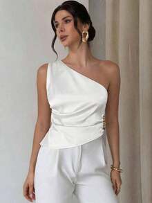 Blusa plisada elegante, romántica y de estilo sexy sin mangas, adecuada para fiestas, vacaciones y uso diario - Blanco - Ver 6