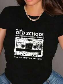 Women's Casual Short-Sleeved T-Shirt With Magnetic Tape Print And Round Neck - 黑色 - 查看 3