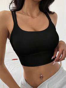 Sujetador deportivo minimalista de unicolor y de peso ligero que da forma para mujeres - Negro - Ver 7