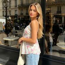 Top Camisole Babydoll para Mujer con Estampado Floral y Encaje, Cuello en V, Tirantes Finos, Fluido para Playa y Vacaciones de Verano - Blanco - Ver 4