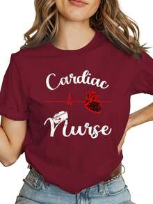 Comfortable And Stylish Women's T-Shirt Featuring A 'Nurse Heart, Heart Attack, Heartbeat, ECG, Text, And Heart Pattern' Design. Modern, Ideal For A Gift, Fashionable, Retro, Breathable, And Casual. Crew Neck, Regular Fit. Machine Washable. This Printed T-Shirt Is Suitable For All Occasions. SFON - 紅色的 - 查看 5