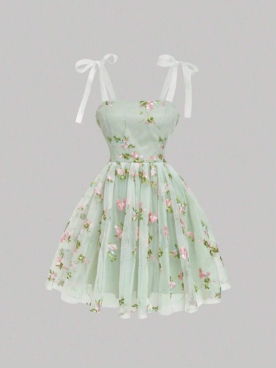 MOD Vestido sencillo de uso diario para mujer con decoración de malla y adornos bordados, vestido bohemio casual para dama con contraste de malla, bordado, tirantes anudados, ajuste regular, vestido corto con mariposa azul, colorblock, floral, plantas, camiseta, vestidos cortos de mujer, primavera/verano, uso casual diario - verde menta - Ver 1