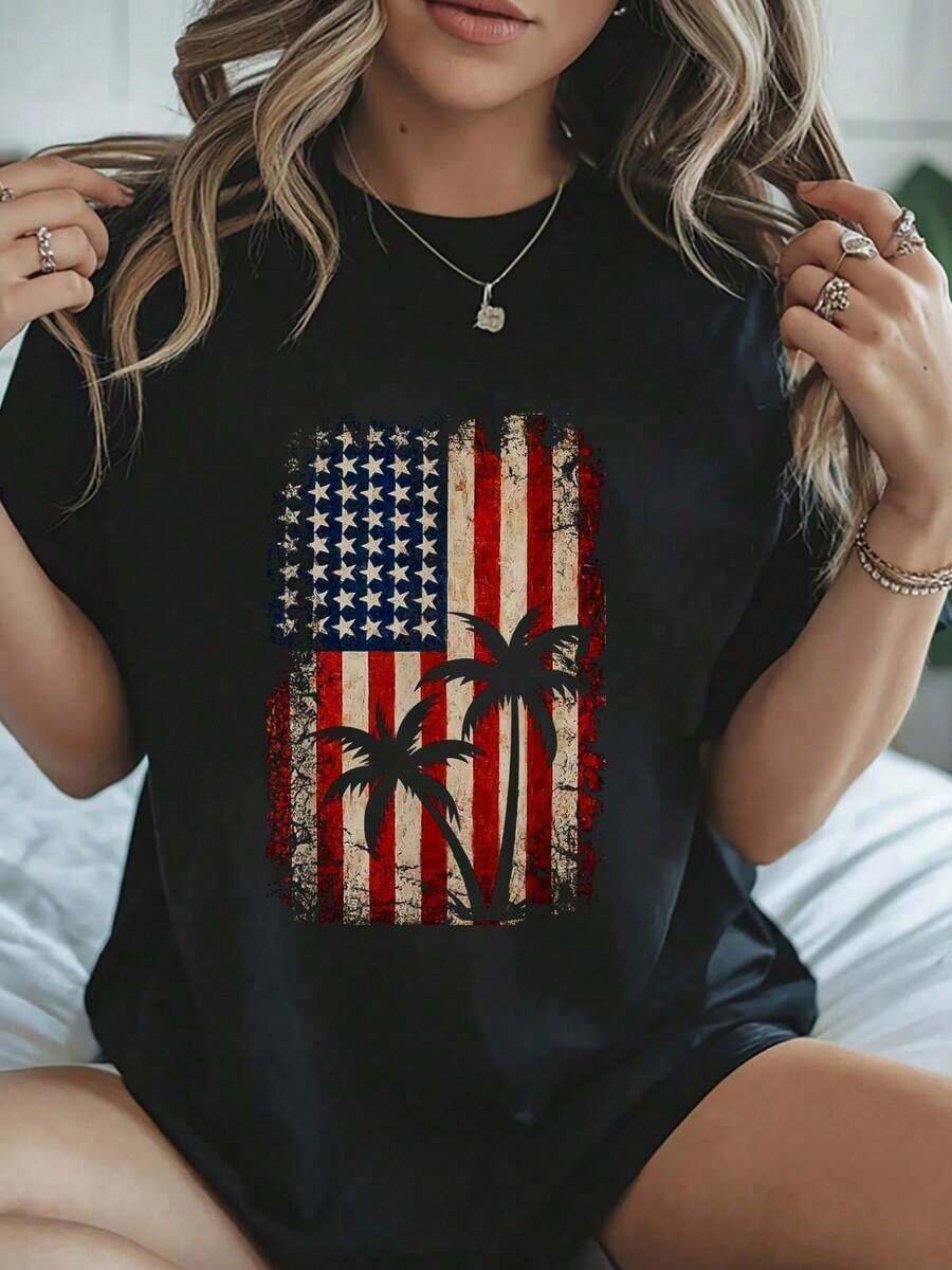 1 Piece Of 100% Cotton T-Shirt With A Fun Print Of The American Flag And Palm Trees For The 4th Of July, A Patriotic American Style For Women. Comfortable And Cozy Style For Summer, Suitable For Women's Casual Everyday Wear. 180g 100% Cotton. - 黑色 - 查看 1