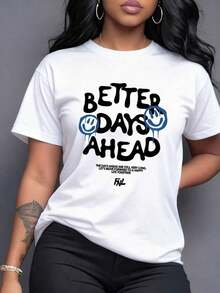 Camiseta de Mujer con Estampado Gráfico Días Mejores Adelante, Diseño Moderno y Casual para un Look Urbano y Lleno de Optimismo, Ideal para Combinar con Jeans o Faldas, ¡Exprésate con Estilo!,Manga corta casual. - Blanco - Ver 1