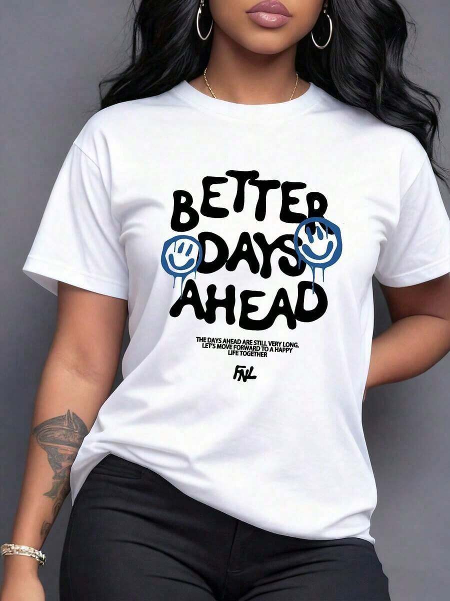 Camiseta de Mujer con Estampado Gráfico Días Mejores Adelante, Diseño Moderno y Casual para un Look Urbano y Lleno de Optimismo, Ideal para Combinar con Jeans o Faldas, ¡Exprésate con Estilo!,Manga corta casual. - Blanco - Ver 1