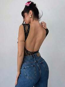 Body de unicolor con escote pronunciado y espalda descubierta, sexy y versátil para vacaciones y fiestas - Negro 4 - Ver 5