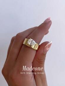 MADEONE 1pc Elegant Minimalist Teardrop Zirconia Ring, 925 Sterling Silver Material, Delicate Jewelry Gift For Women, Birthday/Anniversary - Gold - View 4