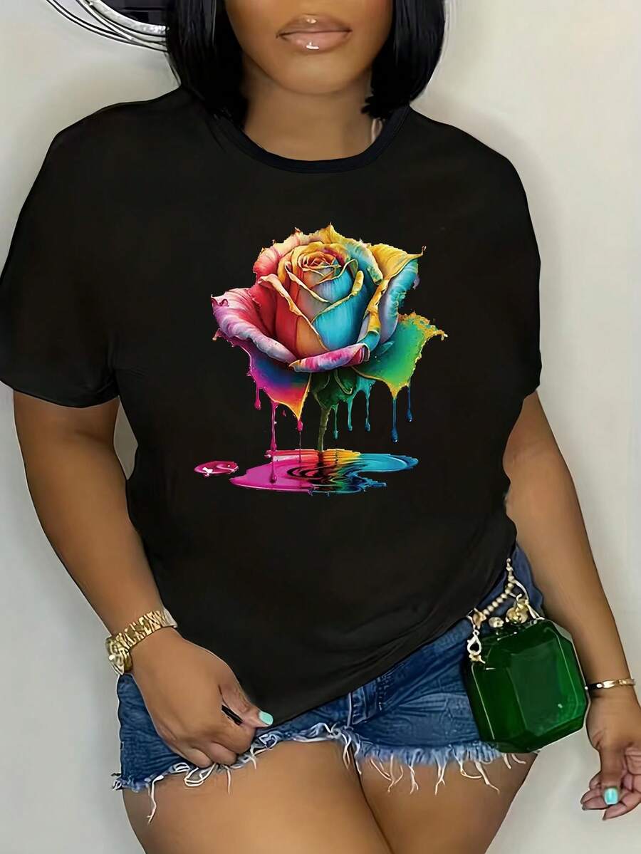 Plus Size - Plus Size - Plus Size, Women's Casual Crew Neck T-Shirt, Letter And Butterfly Print, All Seasons "Being A Grandmother Is A Privilege, Being An Older Grandmother Is Priceless" - 黑色 - 查看 1