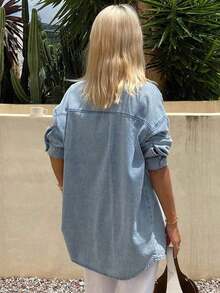 Blusa de mezclilla de manga larga y cuello vuelto holgada para mujer, chaqueta de mezclilla, ropa de mujer para otoño - Azul - Ver 2