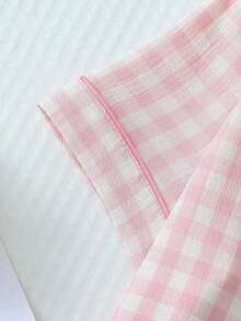 piezas de pijama con pantalón corto, de manga corta y estampado a cuadros para mujeres, ropa de estar por casa de verano - Rosa - Ver 5