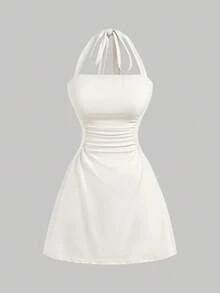 Vestido de línea A sencillo de unicolor para mujer con cintura fruncida y diseño de halter en forma de V - Beis - Ver 5