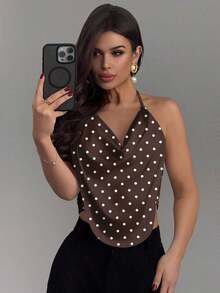 Top de cuello halter para fiesta sin espalda con fornteras drapeadas y diseño sólido - Marrón - Ver 4