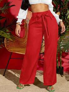 Pantalones negros anchos de verano con cintura de cordón sólido - Rojo violeta - Ver 1