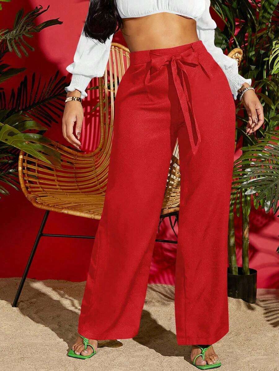 Pantalones negros anchos de verano con cintura de cordón sólido - Rojo violeta - Ver 1