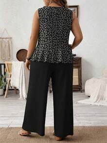 LUNE Conjunto de 2 Piezas para Mujer Talla Grande, Camisola de Verano de Color Sólido con Cuello Redondo y Volantes en el Bajo y Pantalón de Pierna Ancha Holgado - Multicolor 5 - Ver 3