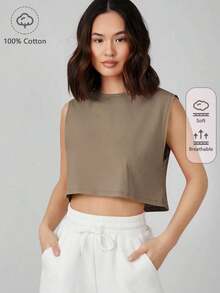 Top corto holgado de unicolor simple para mujer, versátil para el verano - Marrón Mocha - Ver 6