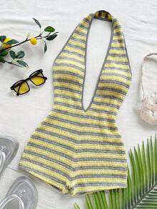 Body sexy de punto blanco con textura y patrón ondulado, escote en V profundo y espalda descubierta para mujer, elegante y ajustado, adecuado para fiestas, citas, té de la tarde, vacaciones boho, playa, atuendo de verano. - Amarillo - Ver 5