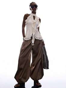 Elegant Solid Color Halter Top With Ruffles For Women - Beis - View 6