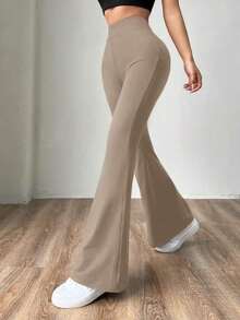 Pantalones de punto azul marino con campana para mujer - Caqui - Ver 3