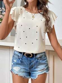 Blusa de cuello redondo con volantes y estampado de sombras florales primaverales para mujeres - Albaricoque - Ver 3