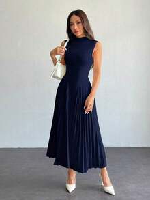 Vestido ajustado de línea A con pliegues elegante para mujer - Azul marino - Ver 6