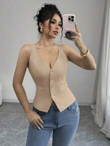 Camiseta sin mangas de un solo pecho de unicolor casual para mujer - Caqui - Ver 1