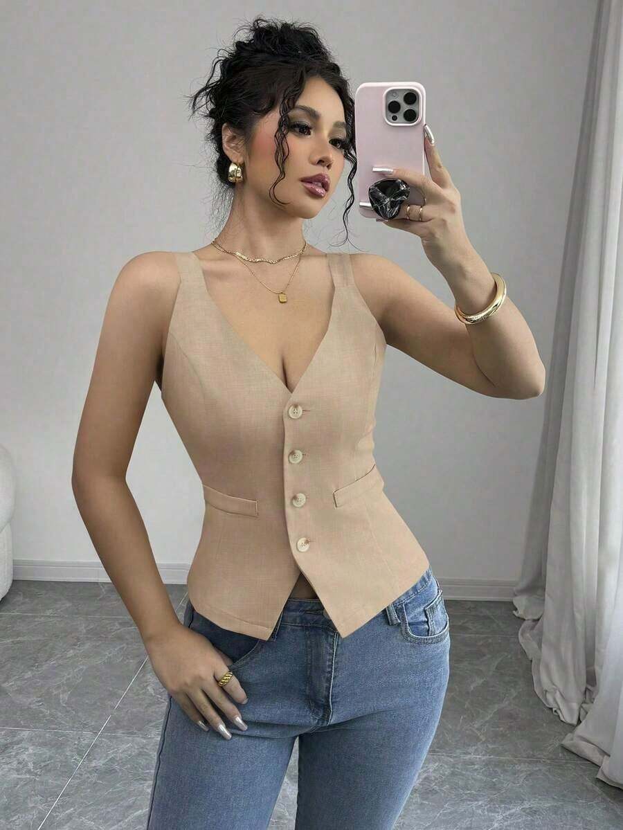 Camiseta sin mangas de un solo pecho de unicolor casual para mujer - Caqui - Ver 1