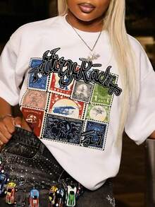 Camiseta de manga corta holgada para mujer, blanca, con estampado de letras de colección vintage, de alta demanda. # Atuendo del Día # Ropa urbana # Estética # Atributos de estilo vintage, con características versátiles para el uso diario, agradables al tacto, ideales para fotos y llamativos, centrados en el estilo retro americano, la estética dulce y cool de los Y2K, el estilo urbano atrevido y la vibra relajada y relajada, pertenecientes a la última categoría de camisetas de manga corta holgadas para mujer. Es perfecto para todas las situaciones, como ropa urbana de verano, salidas a tomar un café, viajes con amigas, desplazamientos en el campus, compras diarias, festivales de música, fiestas y patinaje, y es un artículo imprescindible para crear atuendos estéticamente atrevidos de primavera y verano y dominar las normas de tránsito. # Estilo Retro # CasualChic # StampPrint. O3R6 - Blanco - Ver 5