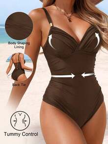 Traje de baño de una pieza con control de abdomen y acolchado, elegante y maduro, para mujer, color negro - Marrón - Ver 6