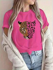 Camiseta de Cuello Redondo con Estampado de Leopardo para Mujer - Blusa Casual de Manga Corta con Diseño de Animal Salvaje para Verano y Atuendos Informales, Cómoda y Lavable a Máquina, Ideal para Todas las Estaciones - Rosa Roja - Ver 8