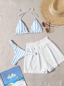 3 piezas de bikini - Bottom a rayas azul y blanco, shorts de cubrir blancos, ropa de playa casual para vacaciones de primavera/verano, fiesta en la playa - Azul y blanco - Ver 1