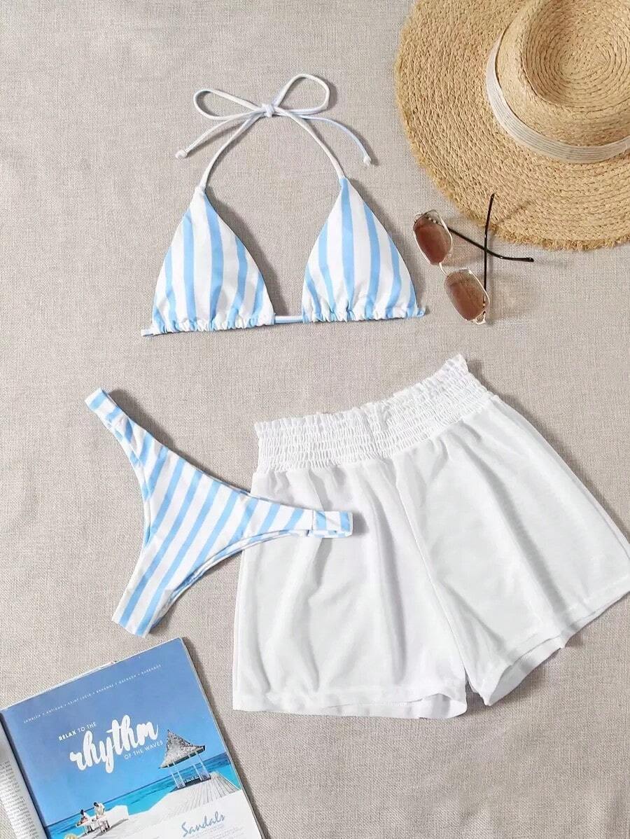 3 piezas de bikini - Bottom a rayas azul y blanco, shorts de cubrir blancos, ropa de playa casual para vacaciones de primavera/verano, fiesta en la playa - Azul y blanco - Ver 1