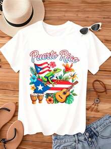 1 Piece Women's Round Neck T-Shirt With Floral Design Of Puerto Rico Flag, Frog, Guitar And Drum Set, Short Sleeve, Casual Summer Style For Beach Vacations And Travel, 180g 100% Cotton - 白色 - 查看 3