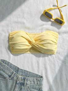 Top de bikini bandeau de un solo color con efecto retorcido - Beis - Ver 7