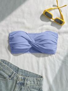 Top de bikini bandeau de un solo color con efecto retorcido - Azul 2 - Ver 1
