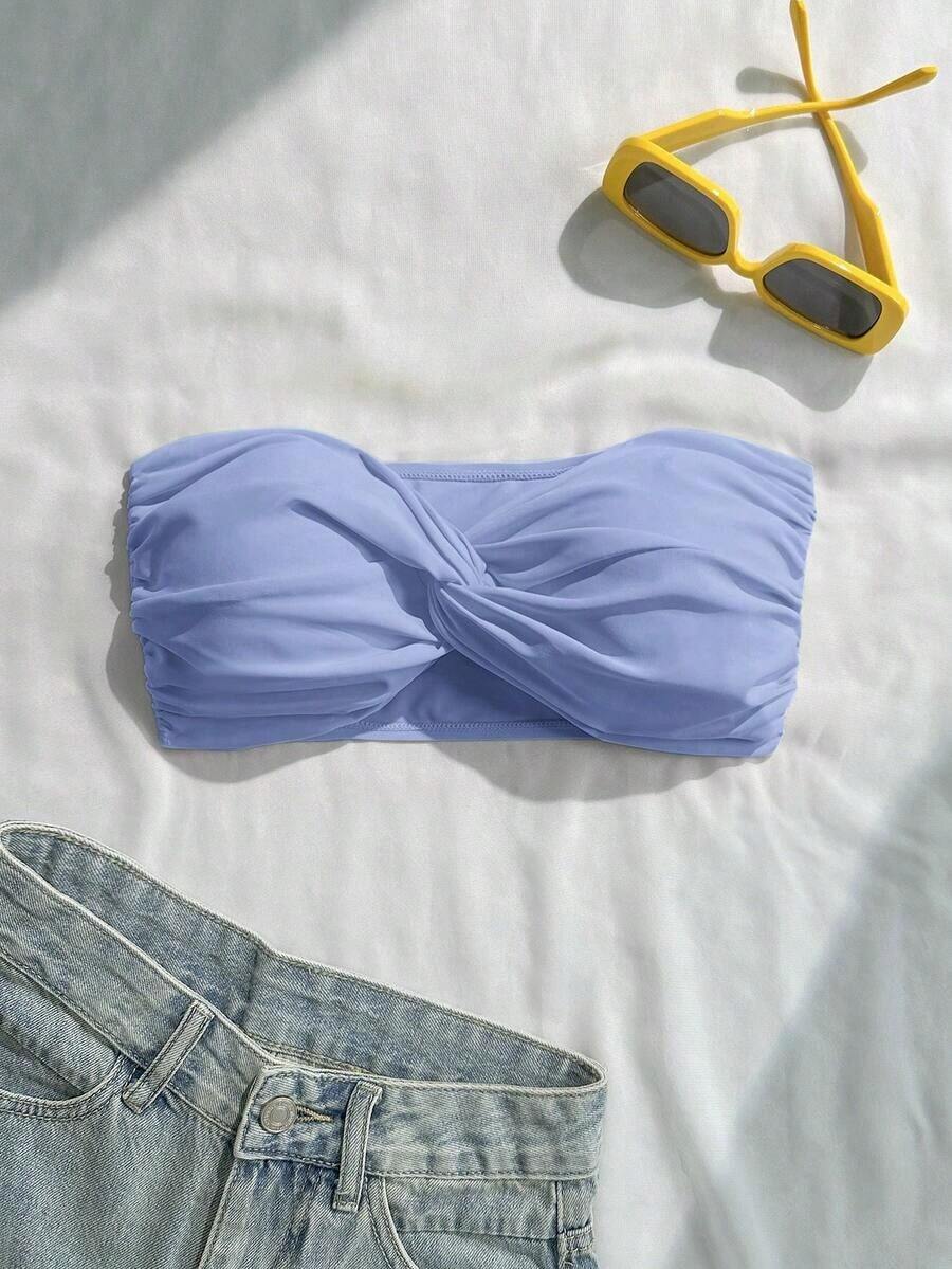 Top de bikini bandeau de un solo color con efecto retorcido - Azul 2 - Ver 1