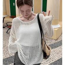 Y2K-Top corto calado de punto para mujer, camiseta Retro de manga larga, cárdigans transpirables con protección solar, camiseta parcheada - Albaricoque - Ver 4