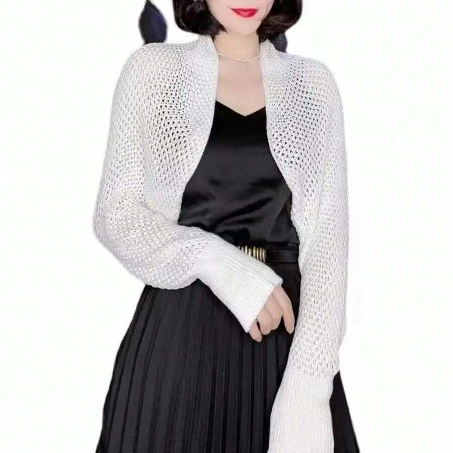 Suéter holgado de manga raglán para mujer, cárdigan de punto de seda de hielo, abrigo informal, chaqueta de oficina, primavera y verano - BLANCO - Ver 1