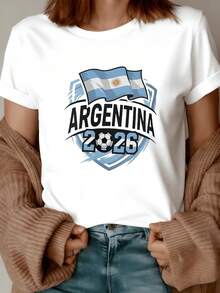 Waving Argentine Flag With Modern  Celebrating The Passion For Football And National Sporting Spirit With Number 2026, Comfortable Modern Casual Women's T-Shirt - 白色 - 查看 1