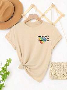Women's Casual Rainbow Heart Print T-Shirt, Loose Fit Women's Multicolor Heart Print T-Shirt - 杏 - 查看 3