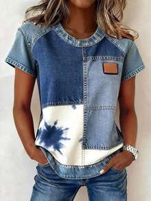 Plus Size Women's Casual Short-Sleeved T-Shirt With Round Neck And Floral Print, Ideal For Summer - 彩色 - 查看 4