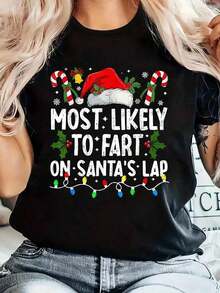 Christmas Series Pattern Round Neck Short Sleeves, Loose Casual Christmas T-Shirt - Featuring A Christmas Tree, Santa Claus Hat, And Other Fashionable Elements, This Round Neck Short Sleeve T-Shirt Is The Best Christmas Gift For Friends, Family, And Yourself. It Will Make You Shine In This Wonderful Christmas Winter Wear - Unisex Clothing For Women And Men - 黑色 - 查看 1