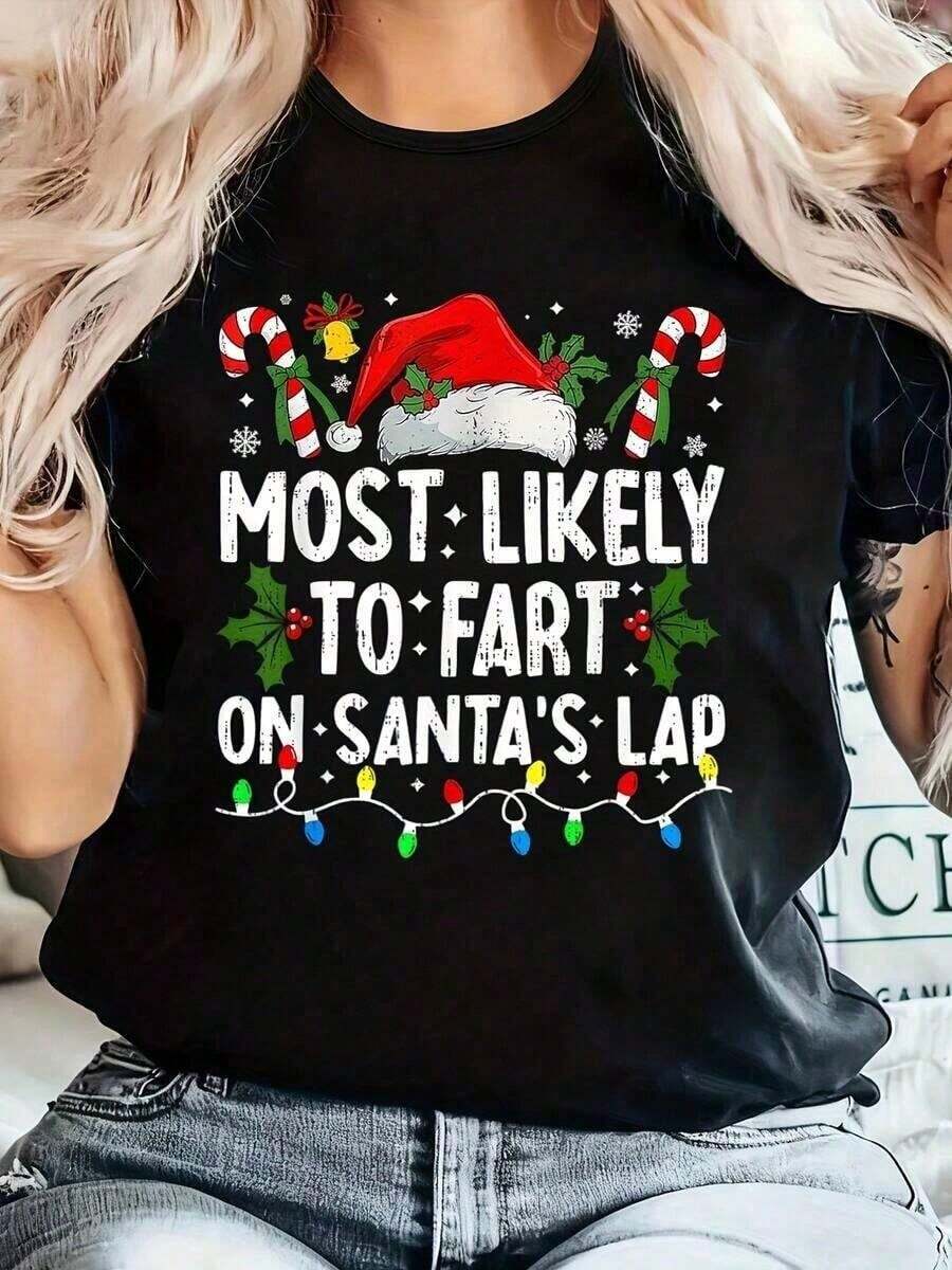 Christmas Series Pattern Round Neck Short Sleeves, Loose Casual Christmas T-Shirt - Featuring A Christmas Tree, Santa Claus Hat, And Other Fashionable Elements, This Round Neck Short Sleeve T-Shirt Is The Best Christmas Gift For Friends, Family, And Yourself. It Will Make You Shine In This Wonderful Christmas Winter Wear - Unisex Clothing For Women And Men - 黑色 - 查看 1