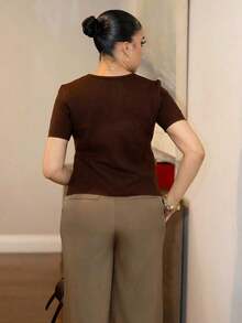 Matos Cárdigan casual de mujer de manga corta, cuello redondo, con botones delanteros, de unicolor y delgado - Café integral - Ver 2