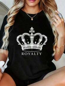 Women's Short-Sleeved Crew Neck T-Shirt With A Fun Print, Graphic Tee With A Royal Crown, Fashionable Casual Women's T-Shirt With A Royal Print, White T-Shirt, Suitable For Parties, Outings, Sports And Other Holiday Gifts - 黑色 - 查看 5