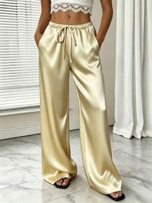 1pc Solid Color Drawstring Pocket Pants, Suitable For Home, Daily Wear, Holidays, Singles Party, Satin, All Seasons Spring - Yellow - View 2