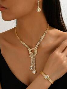 Bộ trang sức 4 món gồm dây chuyền, bông tai, vòng tay, họa tiết hình thoi, thích hợp cho tiệc tùng, cô dâu, Lễ Tạ ơn. - màu đen - Xem 2