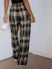 Pantalones de estar por casa rectos de cintura elástica con estampado de cuadros para mujer, para invierno - Multicolor 3 - Ver 2